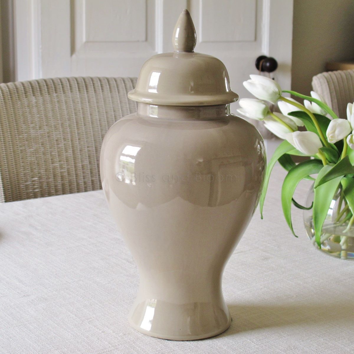 Large taupe ceramic urn jar Bliss and Bloom